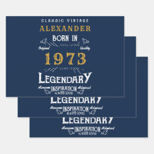 Personalized 50th Birthday Born 1973 Vintage Blue Wrapping Paper Sheet