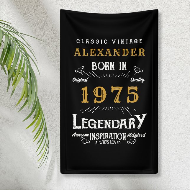 Personalized 50th Birthday Born 1975 Vintage Black Banner (Personalized 50th birthday party banner hanging on a wall)