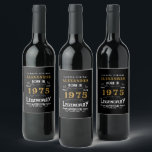 Personalized 50th Birthday Born 1975 Vintage Black Wine Label<br><div class="desc">A personalized classic wine bottle label design for that birthday celebration for somebody born in 1975 and turning 50. Add the name to this vintage retro style black, white and gold design for a custom 50th birthday gift. Easily edit the name and year with the template provided. A wonderful custom...</div>