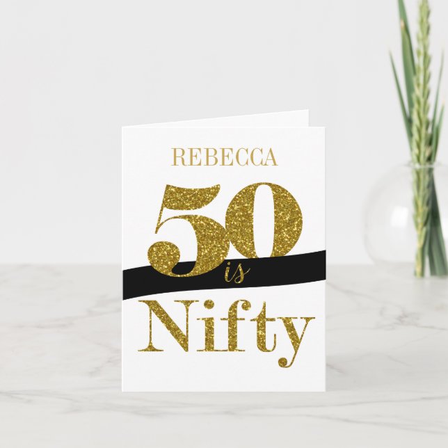 Personalized 50th Birthday Card in Gold Glitter (Front)
