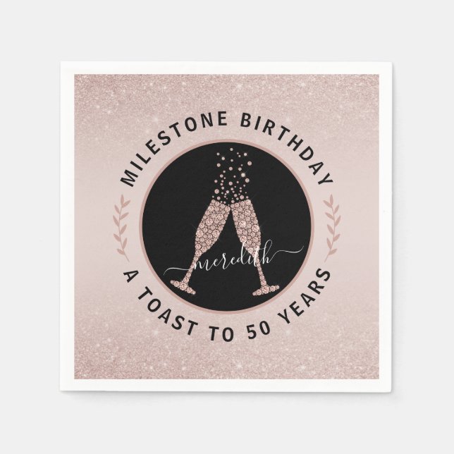 Personalized 50th Birthday Glitter Champagne Toast Napkin (Front)