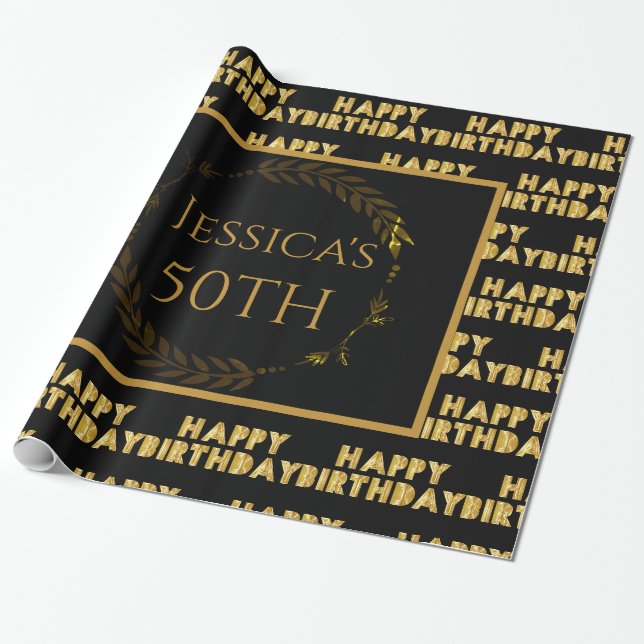 Personalized 50th Birthday Gold Wrapping Paper (Unrolled)