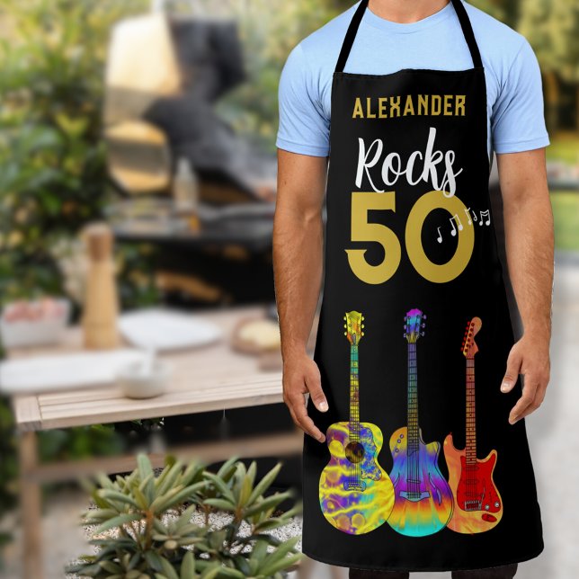 Personalized 50th birthday Guitar Rocks 50 Apron (Personalized 50th birthday vibrant colorful guitar pattern monogram name apron personalized for him)