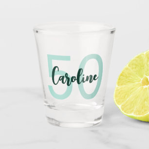 Personalized 50th Birthday Modern Teal Script Shot Glass