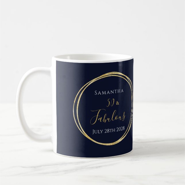 Personalized 50th Birthday Navy Gold Coffee Mug (Left)