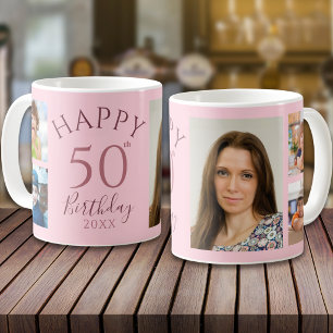 Personalized 50th Birthday Pink 5 Photo Collage Coffee Mug