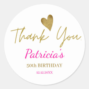 Personalized 50th Birthday Pink Gold Thank You Classic Round Sticker