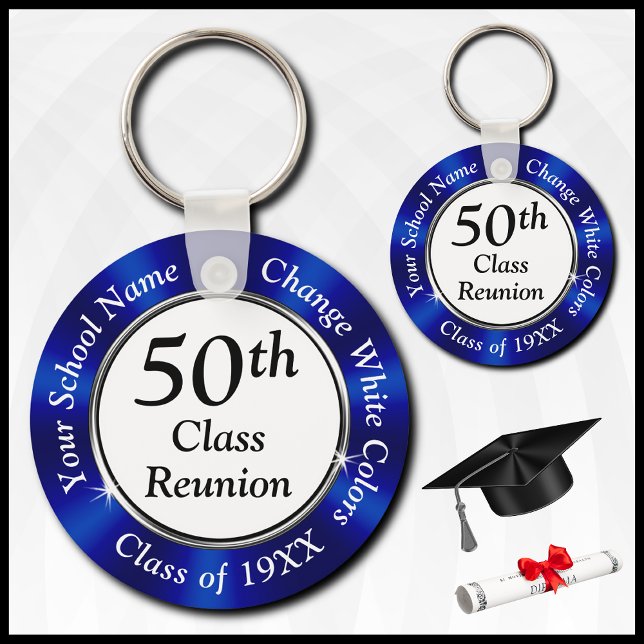 Personalized 50th Class Reunion Souvenirs, Blue Keychain (Blue, White and Black, 50th Class Reunion Favors. 50th High School Reunion. Class of 1974 ideas.)