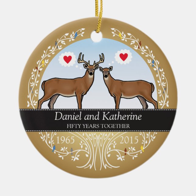 Personalized 50th Wedding Anniversary, Buck & Doe Ceramic Ornament (Front)
