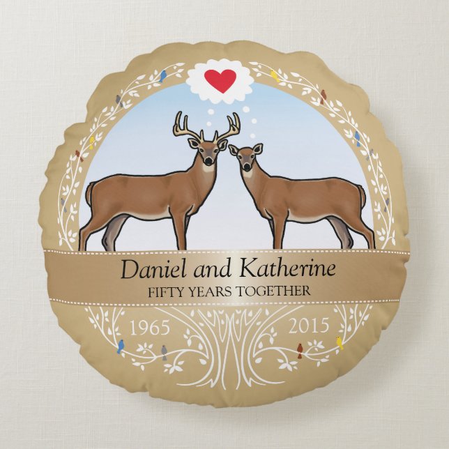 Personalized 50th Wedding Anniversary, Deer Round Pillow (Front)