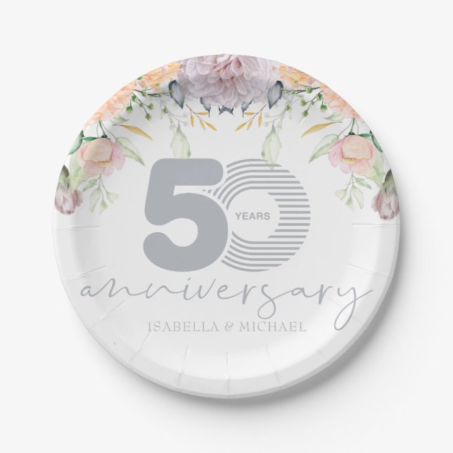 Personalized 50th Wedding Anniversary Floral Paper Plate (Front)