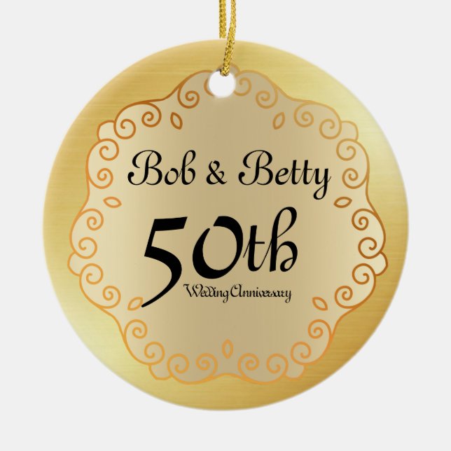 Personalized 50th Wedding Anniversary Gold Ceramic Ornament (Front)