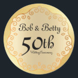 Personalized 50th Wedding Anniversary Gold Classic Round Sticker<br><div class="desc">Elegant gold medallian 50th Wedding Anniversary Christmas sticker. The soft smooth background has a gold medallion design on it. The organic medallion ship is outlined in a deep bronze gold and the interior is a light bronze gold. The couple's name is written in a pretty script. 50th Wedding Anniversary is...</div>