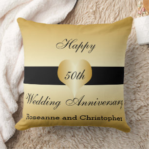 Personalized 50th Wedding Anniversary Gold Heart Throw Pillow