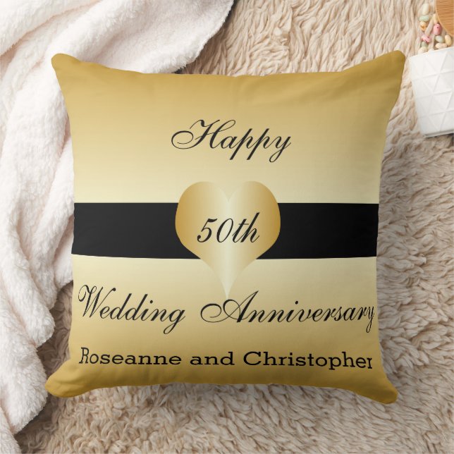 Personalized 50th Wedding Anniversary Gold Heart Throw Pillow (Blanket)