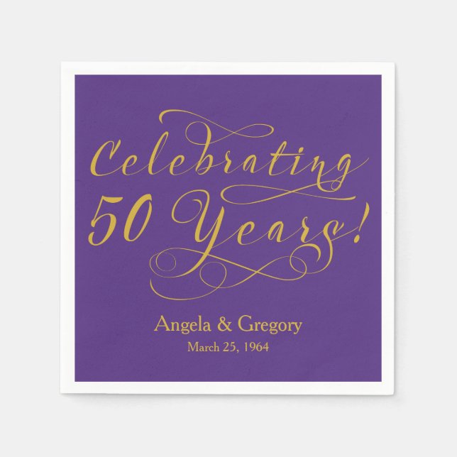 Personalized 50th Wedding Anniversary Gold Purple Napkin (Front)