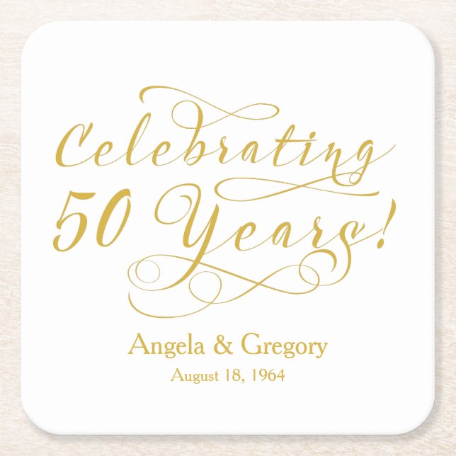 Personalized 50th Wedding Anniversary Gold White Square Paper Coaster (Front)