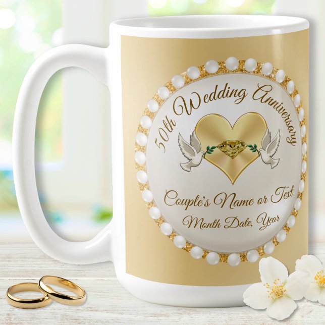 Personalized, 50th Wedding Anniversary Mugs (Golden anniversary presents. What is the symbol for 50th wedding anniversary. Diamonds and Pearls.)