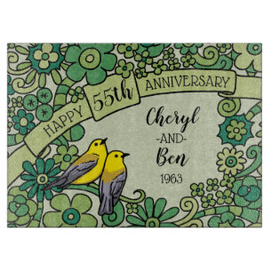 Personalized 55th Anniversary Emerald Floral Birds Cutting Board