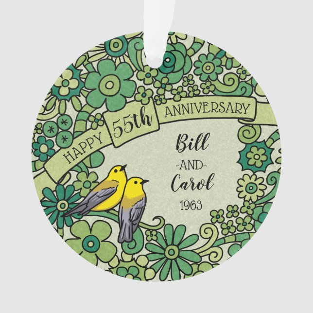 Personalized 55th Anniversary Emerald Floral Birds Ornament (Front)