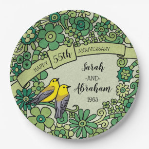 Personalized 55th Anniversary Emerald Floral Birds Paper Plate