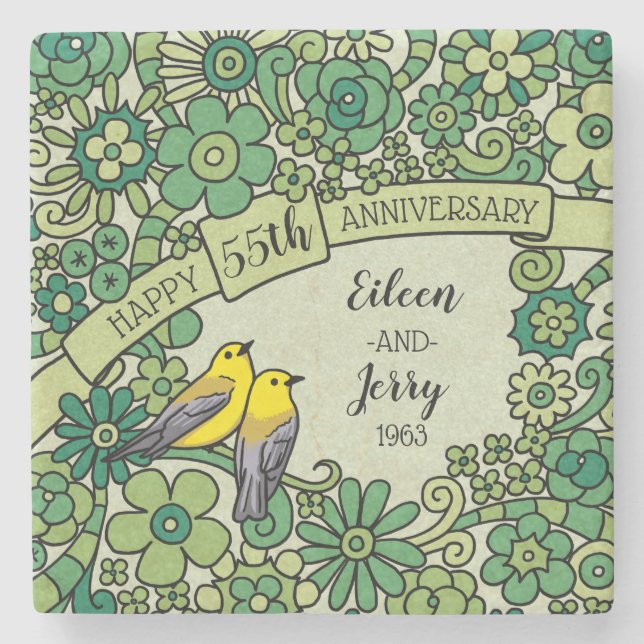 Personalized 55th Anniversary Emerald Floral Birds Stone Coaster (Front)