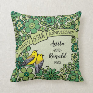 Personalized 55th Anniversary Emerald Floral Birds Throw Pillow