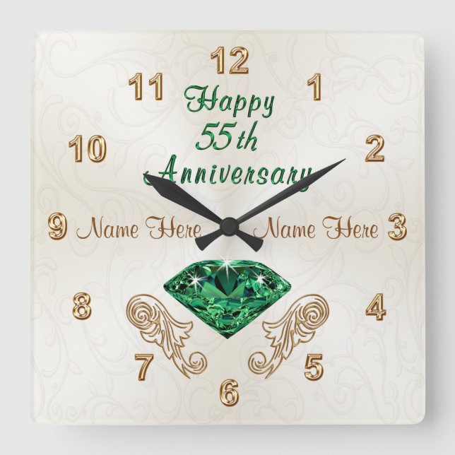 Personalized 55th Anniversary Gifts, Emerald Clock (Front)