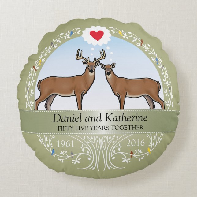 Personalized 55th Wedding Anniversary, Buck & Doe Round Pillow (Front)