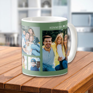 Personalized 5 Family Photo Collage Sage Green Coffee Mug