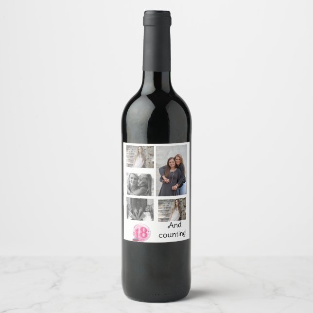 Personalized 5 Photo collage | 18th Birthday Wine Label (Front)
