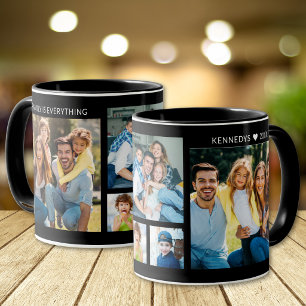 Personalized 5 Photo Collage Family Name Black Mug