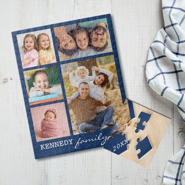 Personalized 5 Photo Collage Family Name Blue  Jigsaw Puzzle (Creator Uploaded)