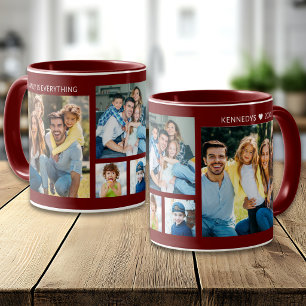 Personalized 5 Photo Collage Family Name Maroon Mug