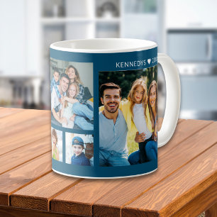 Personalized 5 Photo Collage Family Name Oean Blue Coffee Mug