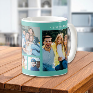 Personalized 5 Photo Collage Family Name Teal Coffee Mug