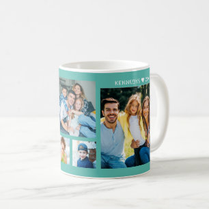 Personalized 5 Photo Collage Family Name Teal Coffee Mug