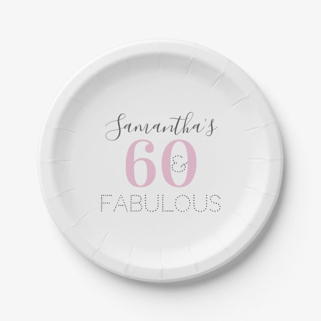 Personalized 60 and fabulous Modern Pink Birthday Paper Plate (Front)