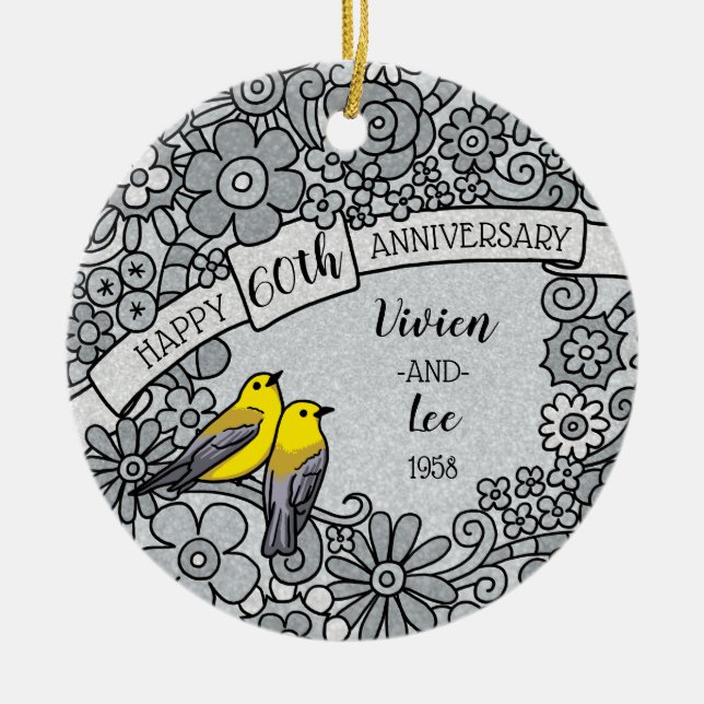 Personalized 60th Anniversary Diamond Floral Birds Ceramic Ornament (Front)
