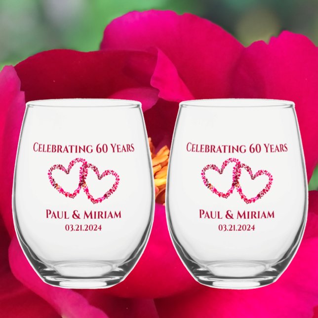 Personalized 60th Anniversary Floral Heart Gift Stemless Wine Glass (Celebrate a 60th anniversary with personalized name date beautiful pink peony heart wine glasses
)