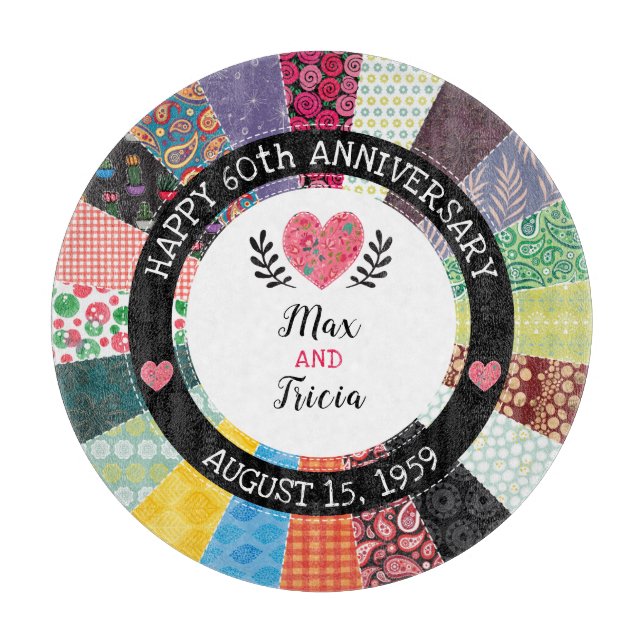 Personalized 60th Anniversary, Patchwork Quilt Cutting Board (Front)