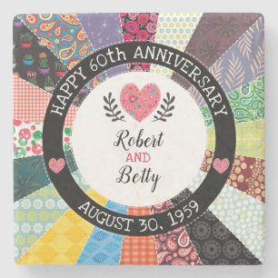 Personalized 60th Anniversary, Patchwork Quilt Stone Coaster