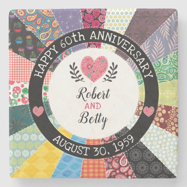 Personalized 60th Anniversary, Patchwork Quilt Stone Coaster (Front)