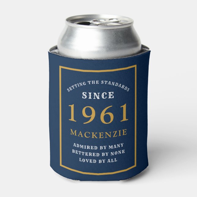 Personalized 60th Birthday 1961 Elegant Blue Gold Can Cooler (Can Front)