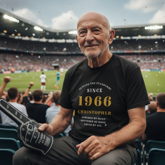 Personalized 60th Birthday 1966 Name Black Gold T-Shirt (60th birthday tshirt worn at a football match)