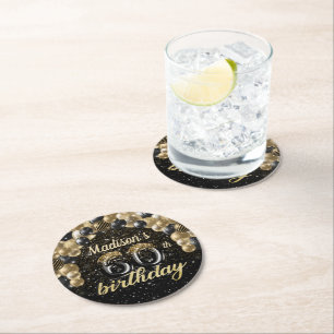 Personalized 60th Birthday Black Gold Round Paper Coaster