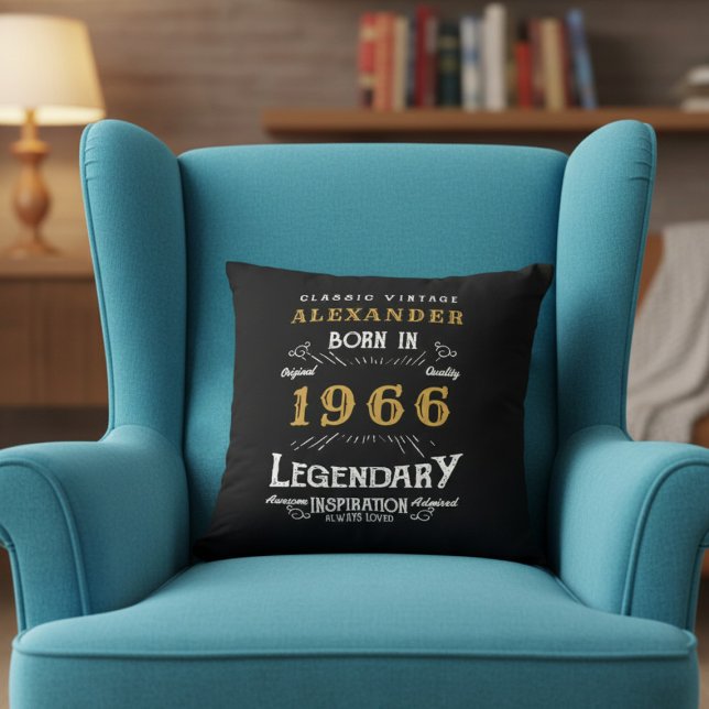 Personalized 60th Birthday Born 1966 Legend Black Throw Pillow (Born 1996 throw pillow in an armchair.)