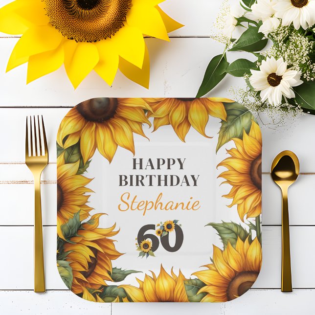 Personalized 60th Birthday Sunflower Paper Plates (🌻 Sunflower Splendor: Personalized 60th Birthday Paper Plates! 🎈)