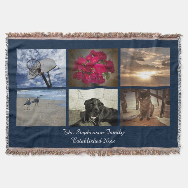 Personalized 6 Photo Afghan Picture Collage Blue Throw Blanket (Front)
