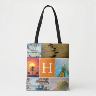 Personalized 6 Photo Collage Monogrammed Orange Tote Bag